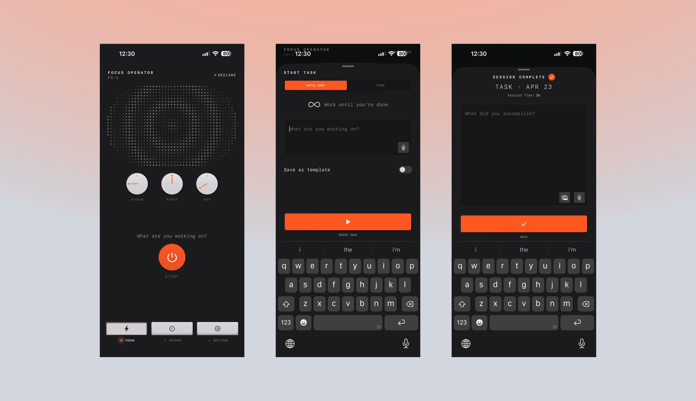 Focus Operator — focus screen, start task, and session complete