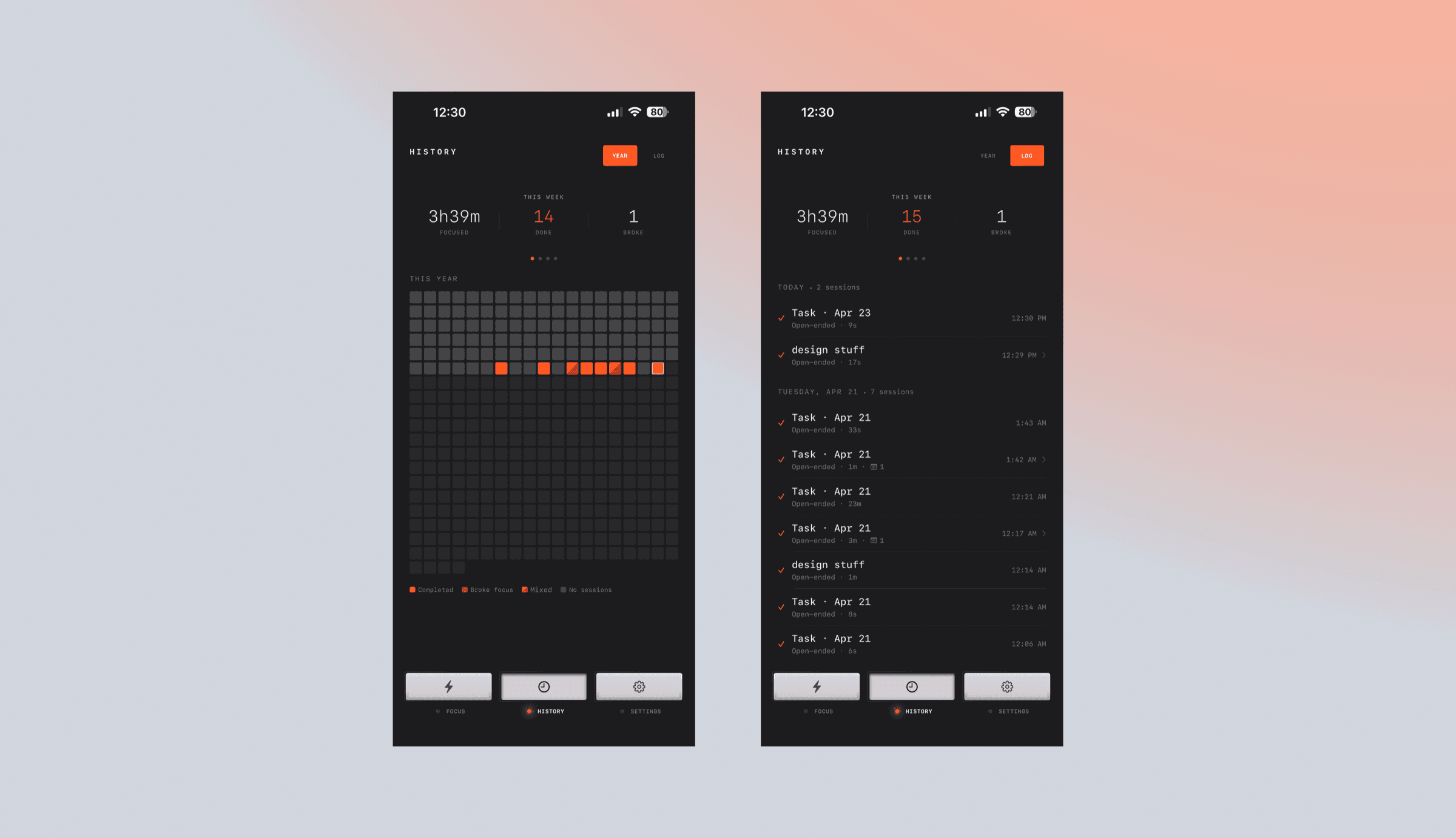 Focus Operator — history screens with year heatmap and session log