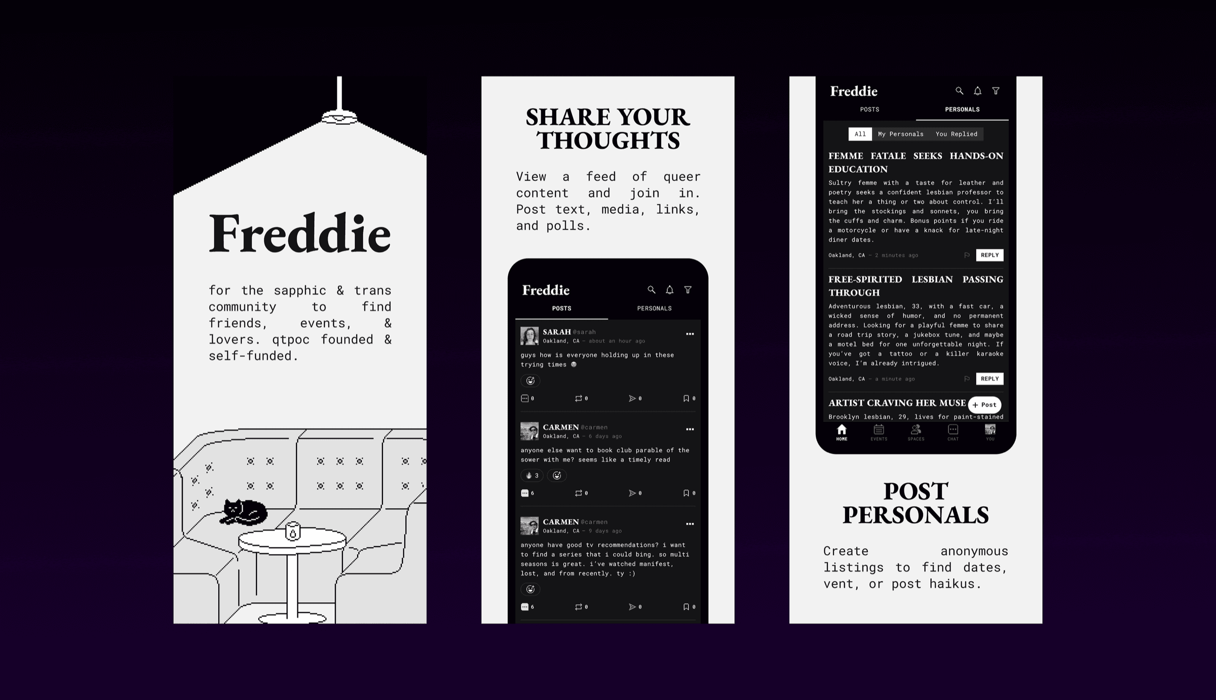Freddie app — membership-based queer social app screens