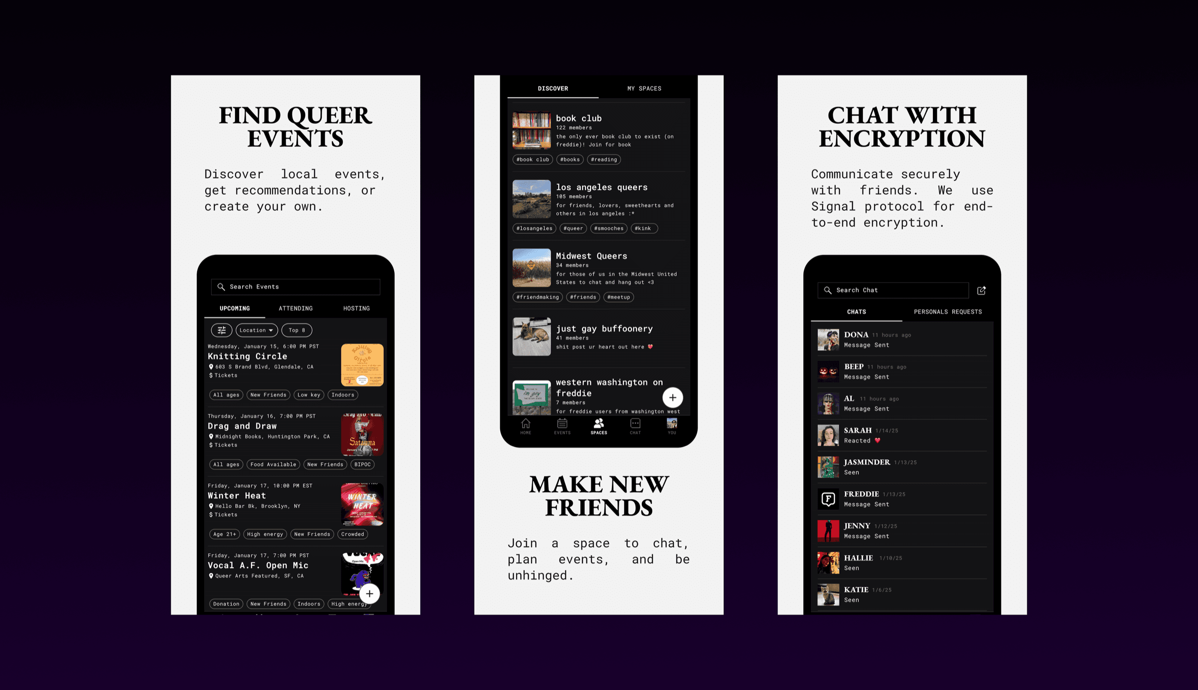 Freddie app — social features and event browsing