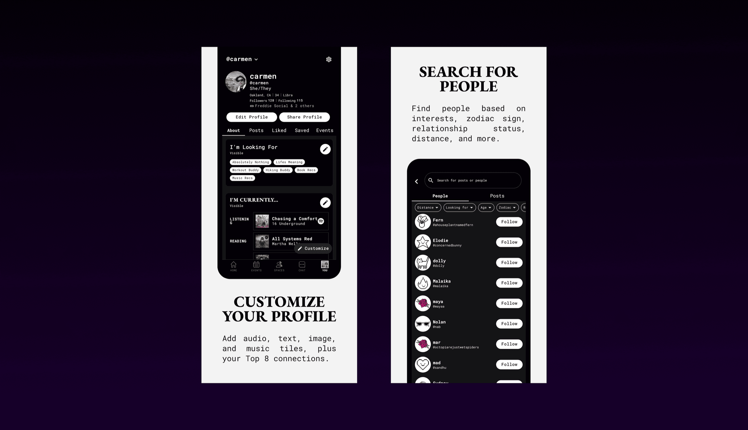 Freddie app — community and profile screens
