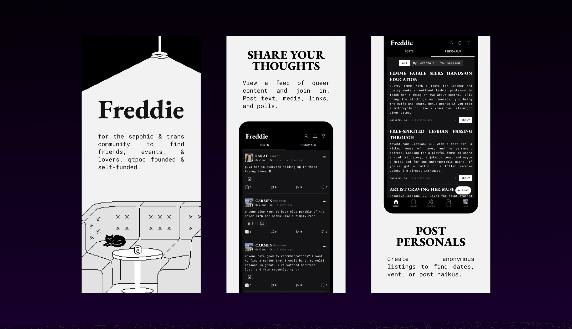 Freddie app — membership-based queer social app screens