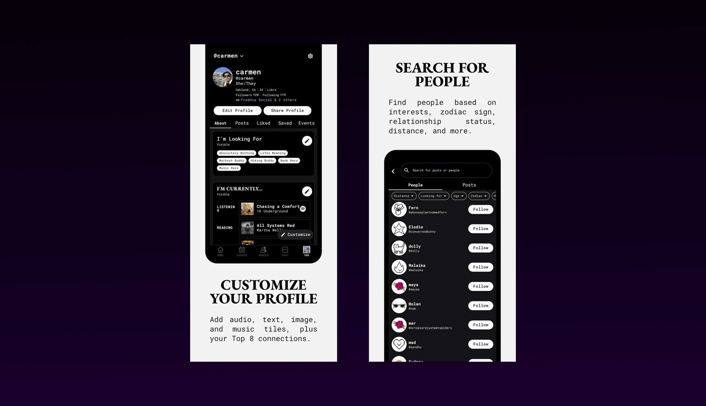 Freddie app — community and profile screens