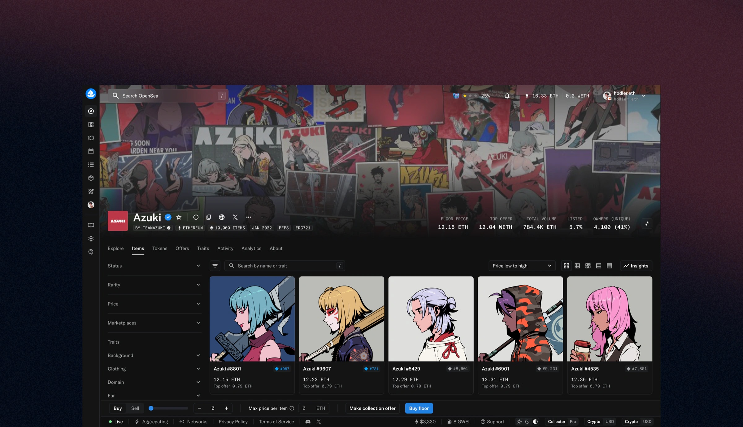 OpenSea Azuki collection page with item grid, filters, and bulk buy controls