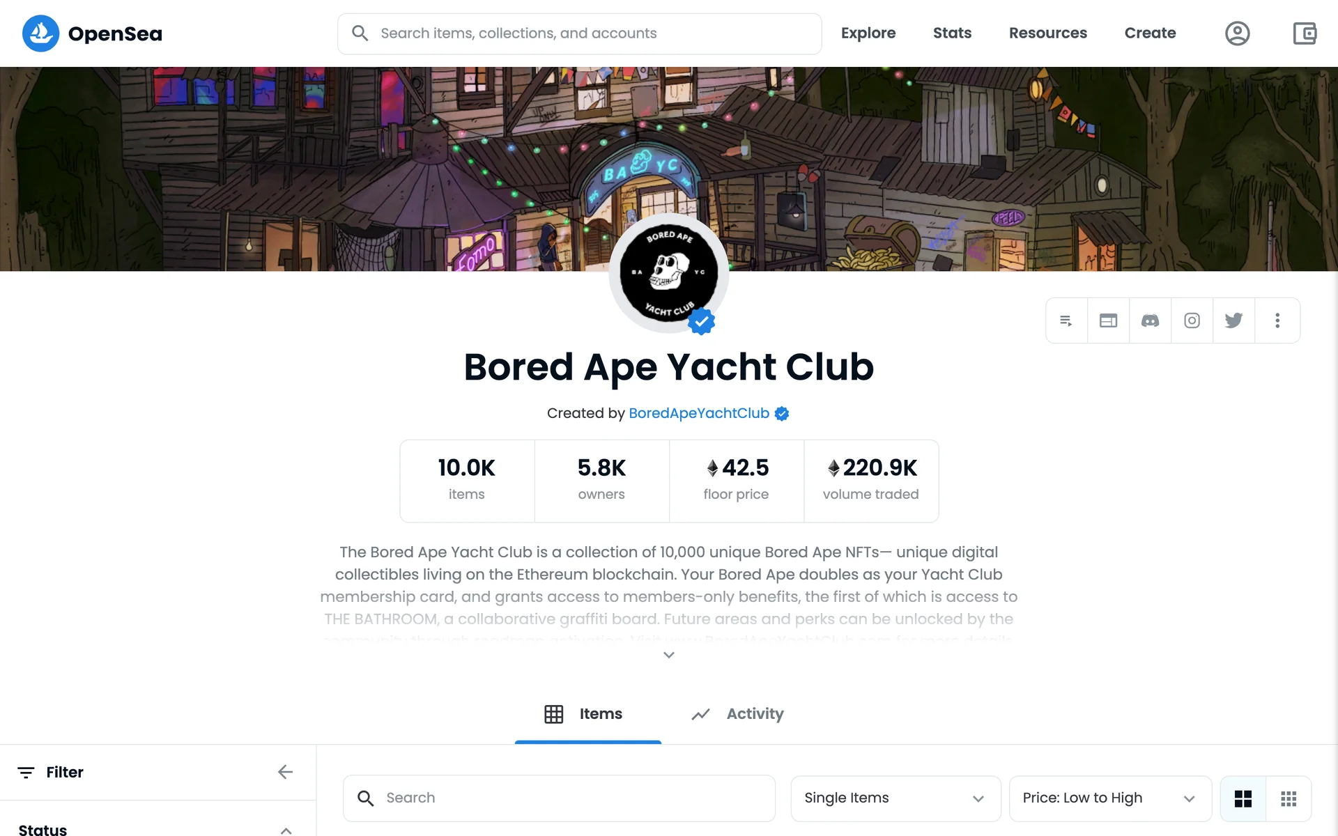 Bored Ape Yacht Club collection page, November 2021