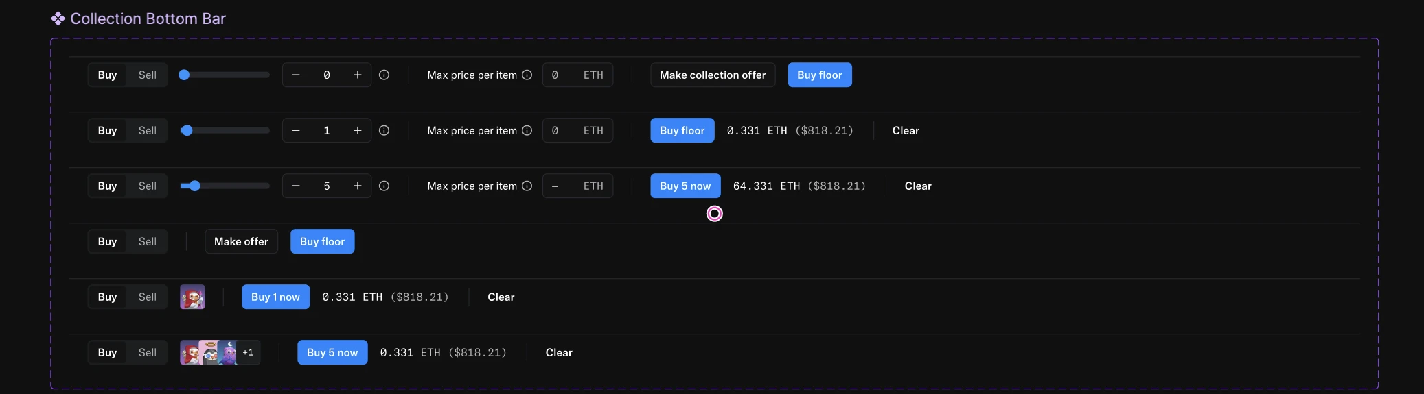 Collection bottom bar component in each state