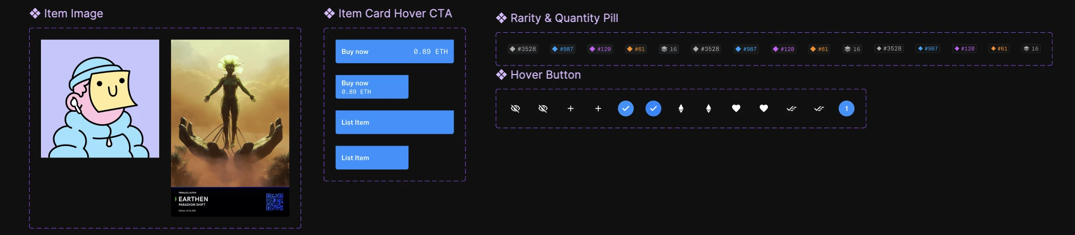 Item image, hover CTA, rarity and quantity pill, hover buttons
