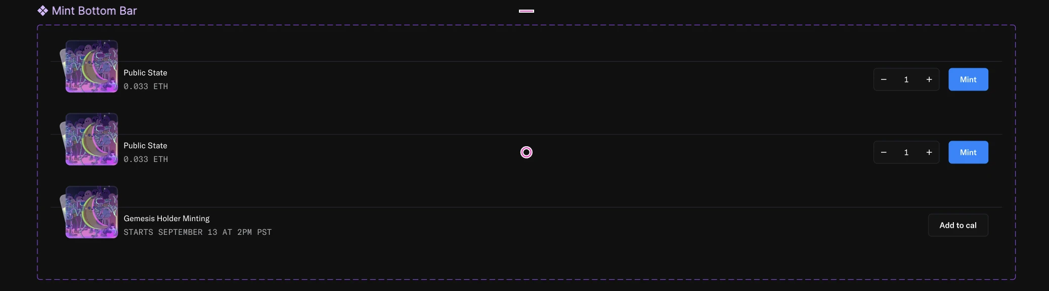 Mint bottom bar component in each state