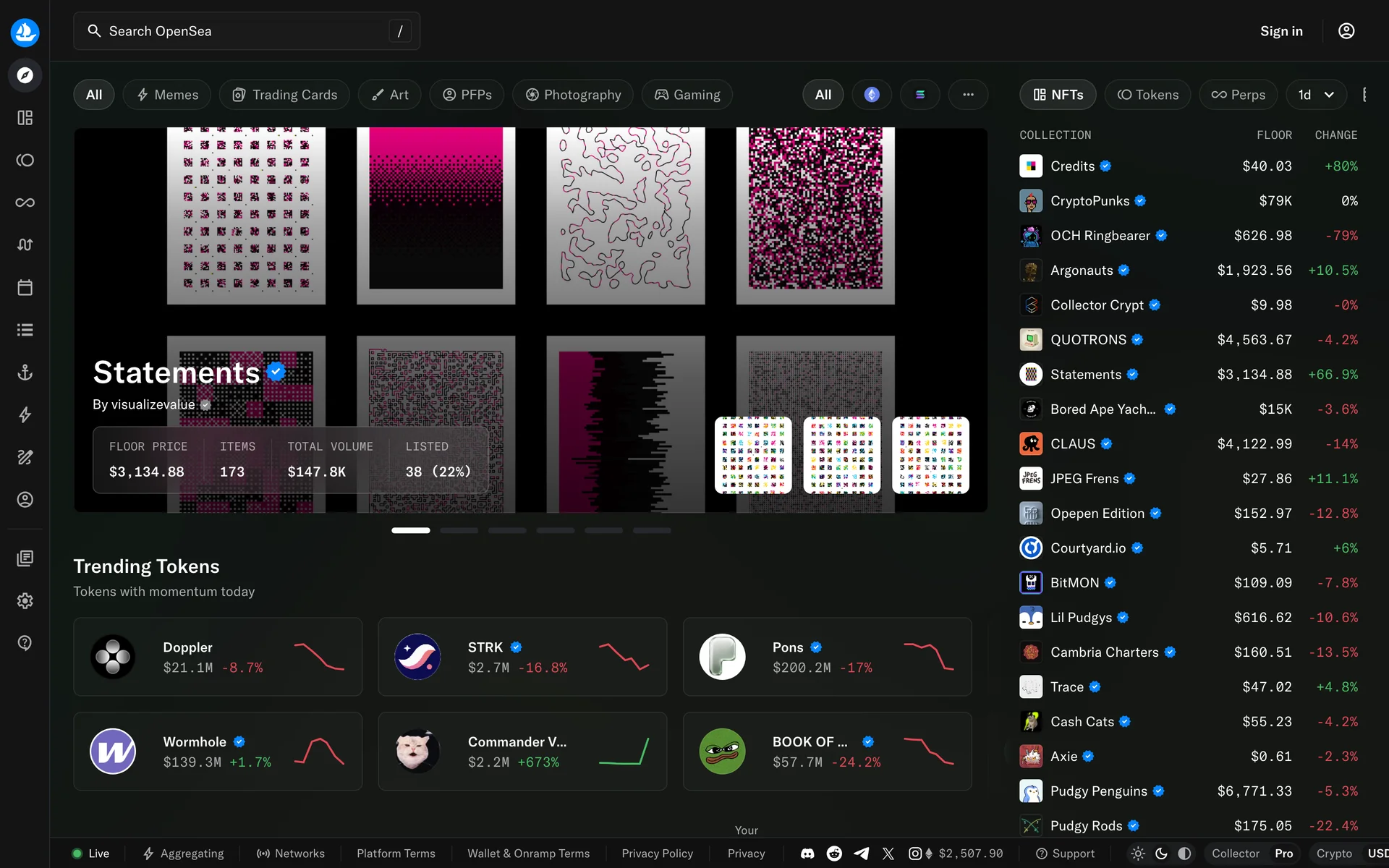 OpenSea homepage, Pro mode
