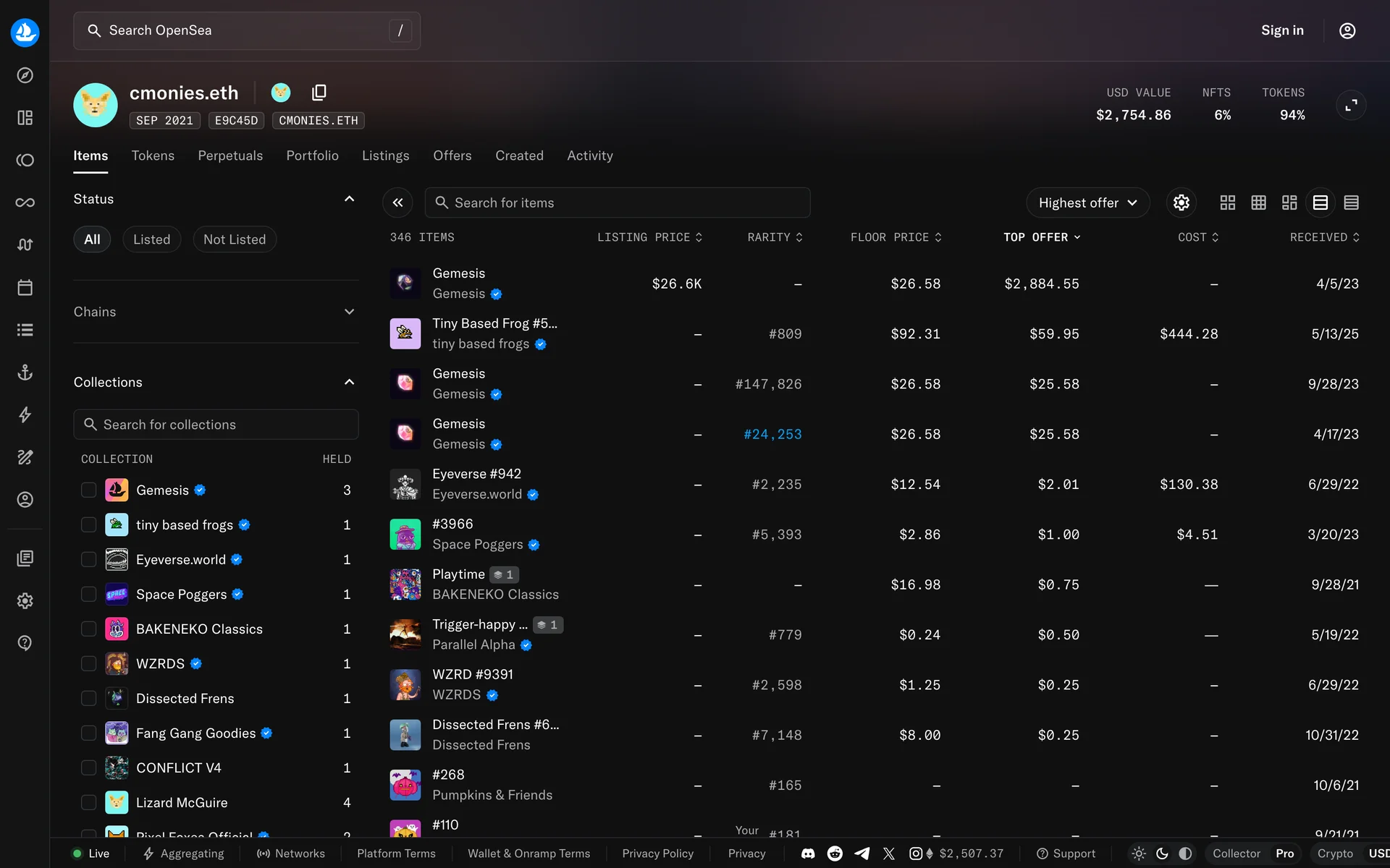 Profile items, Pro mode: compact header and a dense table