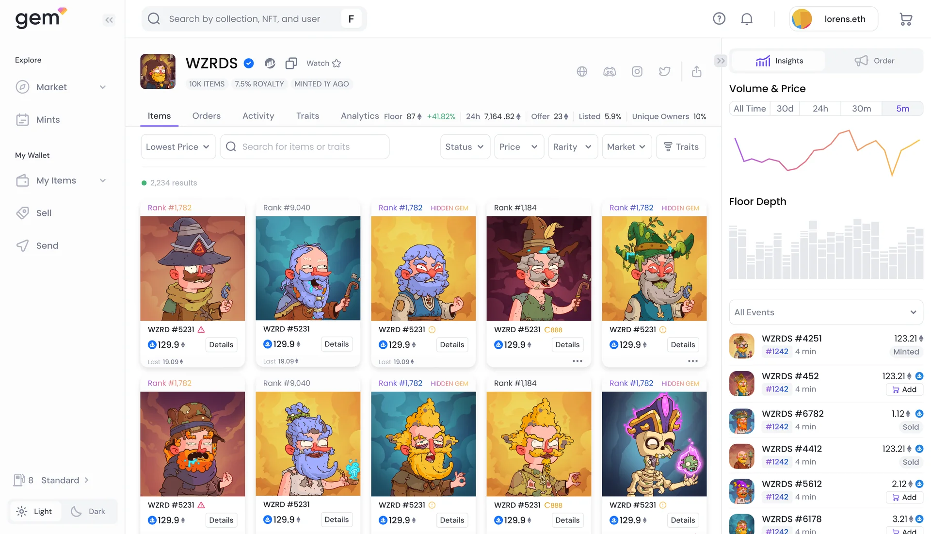 OpenSea Pro collection page with volume and floor depth