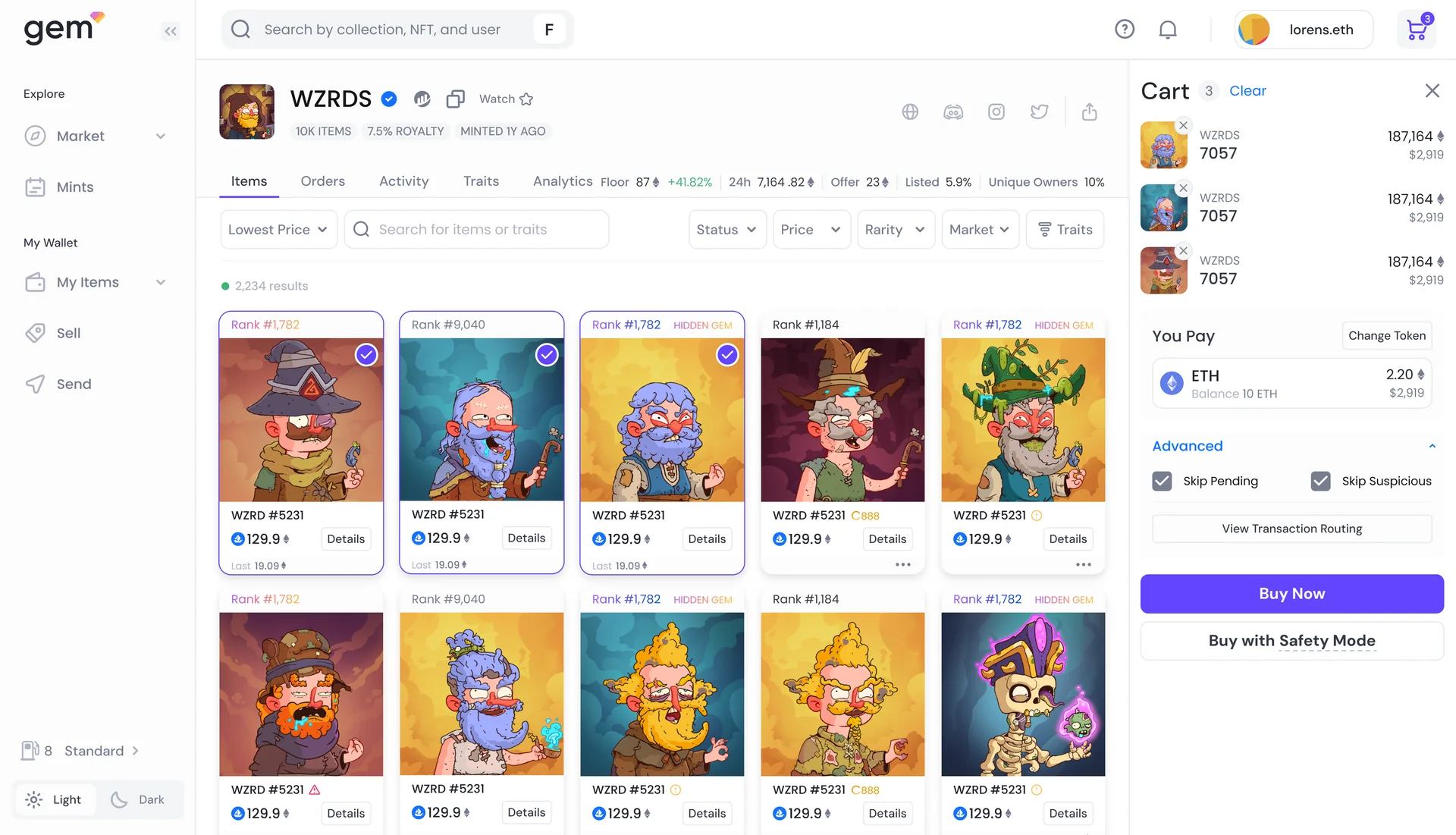 OpenSea Pro collection page with the cart open