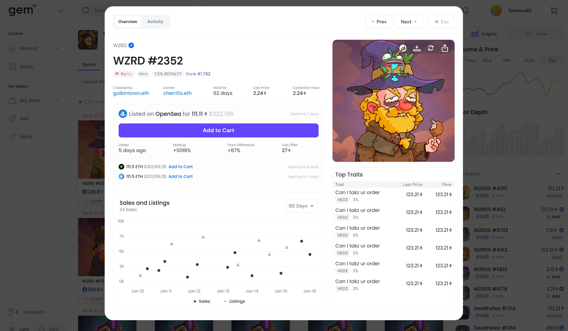OpenSea Pro item page: WZRD #2352 open over the collection, with Add to Cart, sales and listings, and top traits