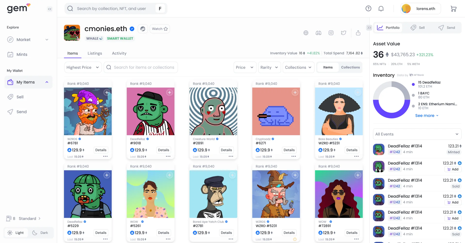 OpenSea Pro profile with asset value and inventory