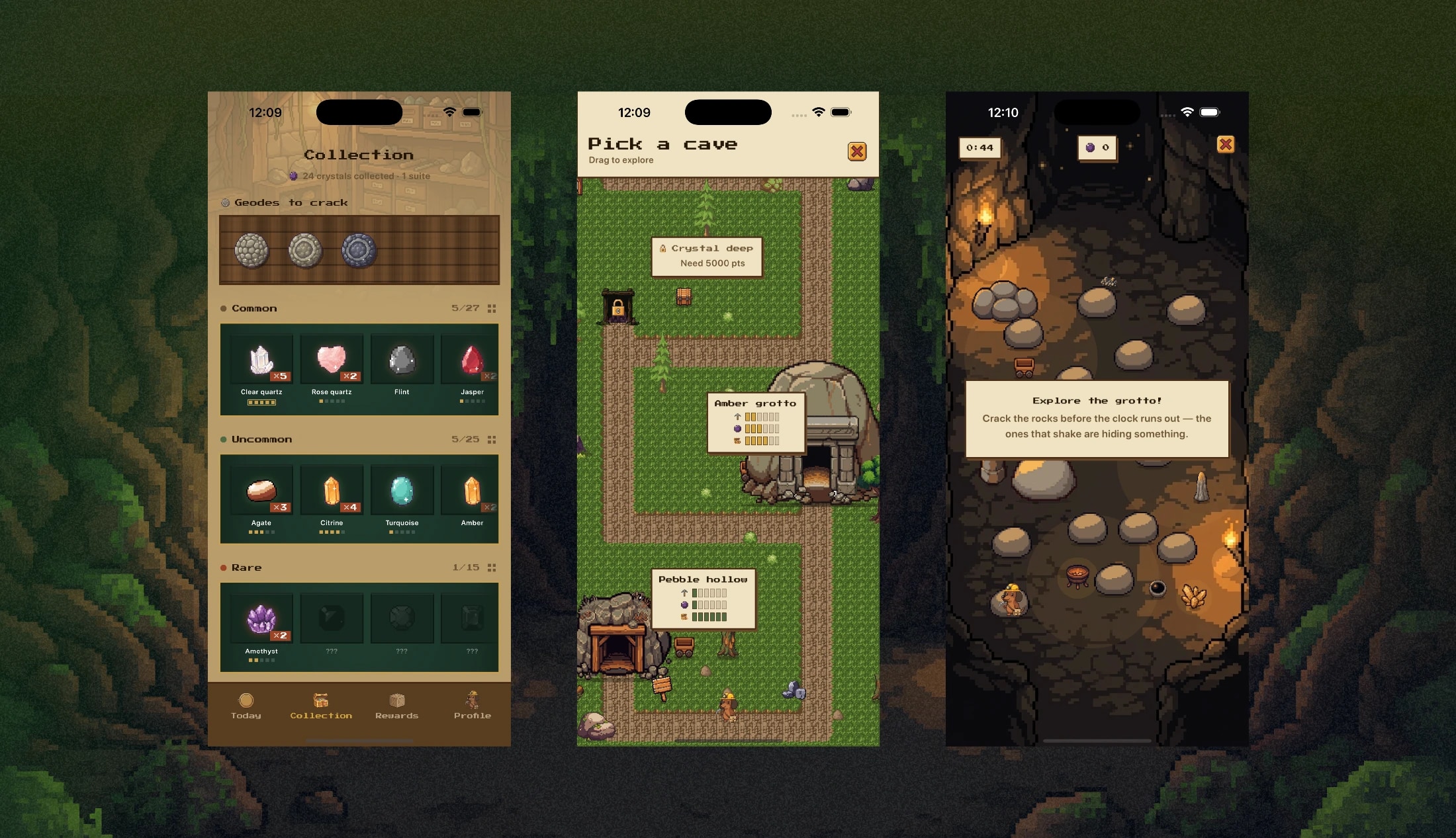 Sweet Streaks — the gem collection sorted by rarity, the cave map, and the timed grotto where rocks get cracked