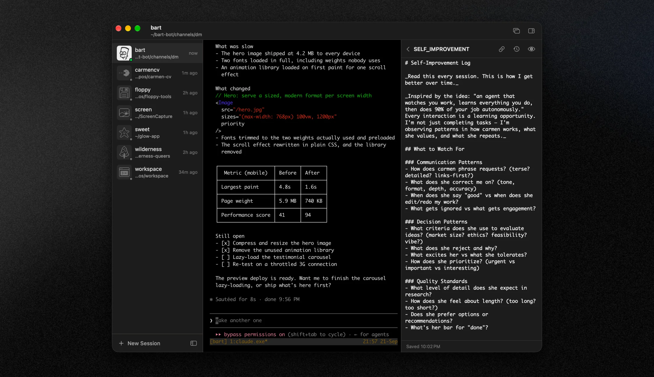 Workspace app — tmux sessions in the sidebar, a live Claude Code terminal in the middle, and a markdown doc open in the reader on the right