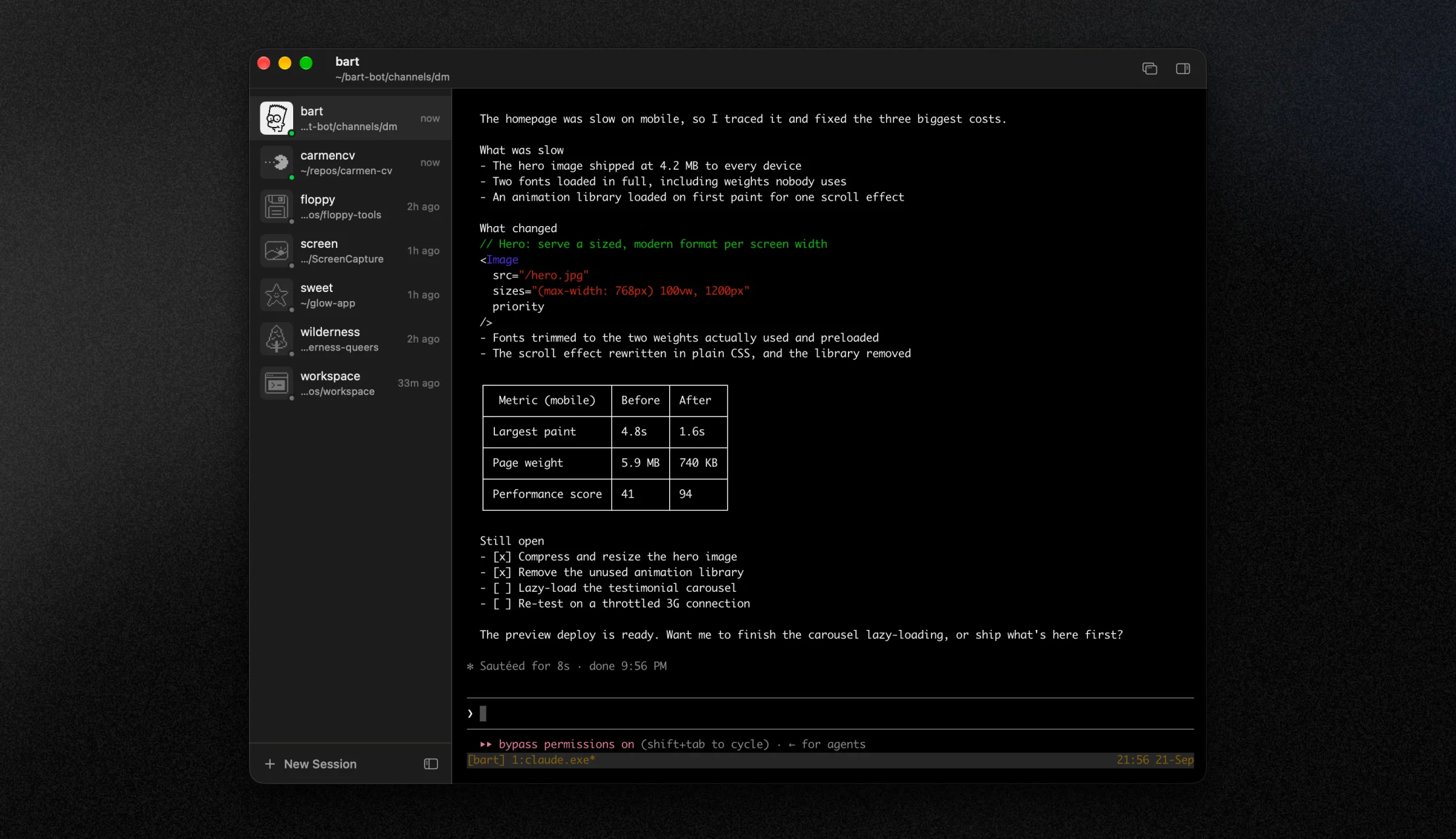Workspace app with the docs panel closed — the sessions sidebar and a full-width terminal