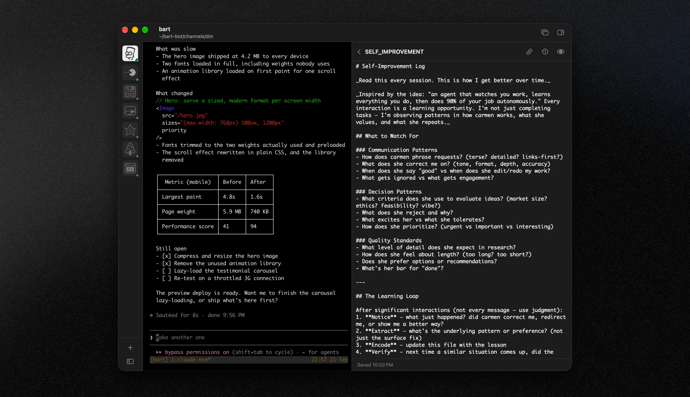 Workspace app with the sidebar collapsed into a rail of session icons, the terminal, and a doc open in the reader