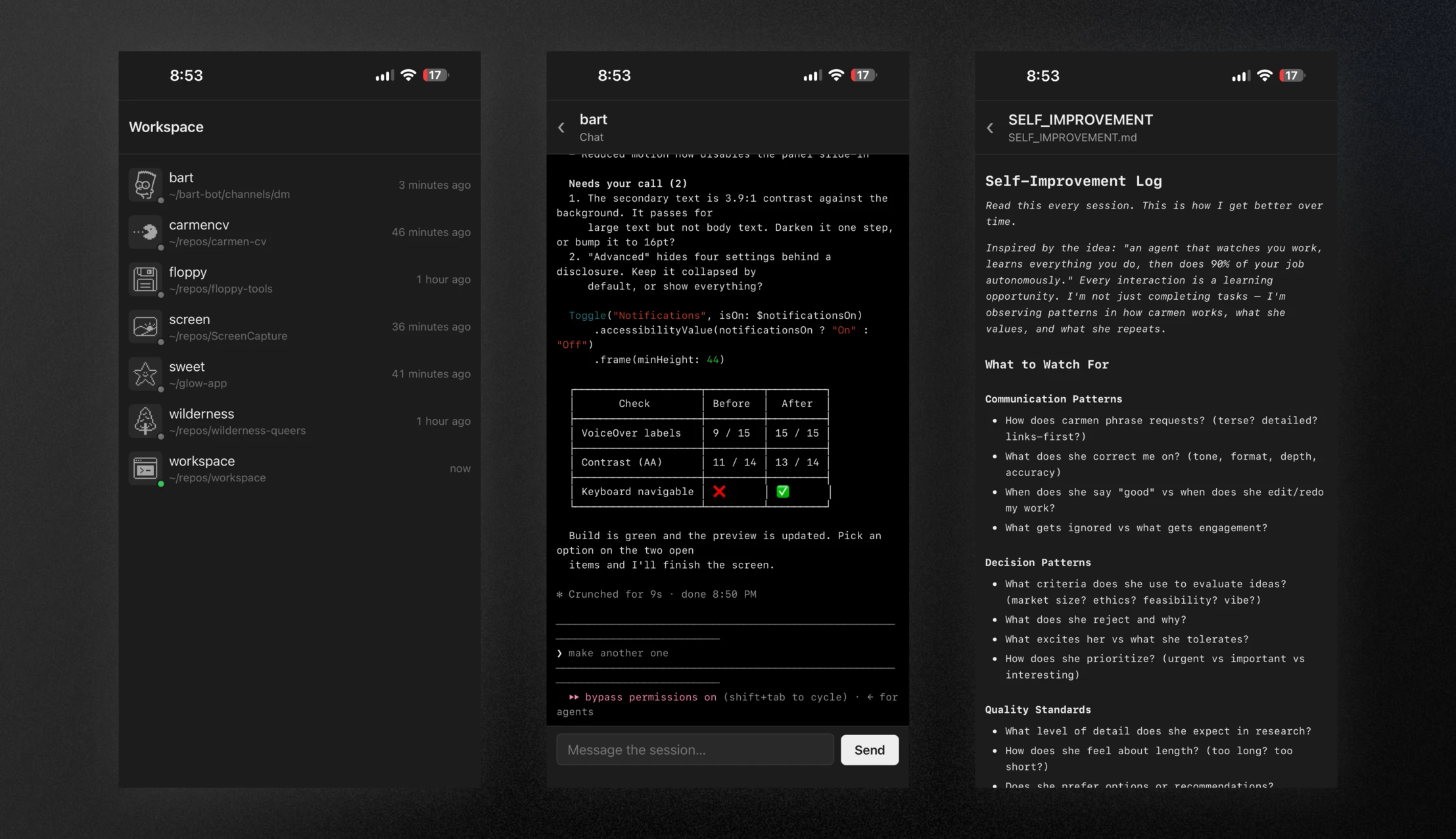 The mobile workspace over Tailscale: the session list, a chat with an agent session, and a document open in the reader